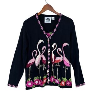 STORYBOOK KNITS Cardigan Sweater Flamingo Button Front Palm Trees